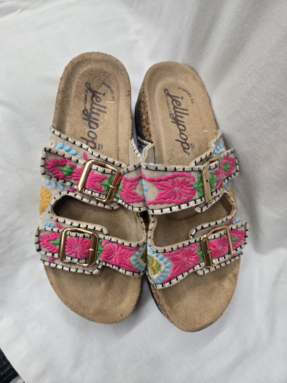 Jellypop Women’s Pink Embroidered Double-Buckle Slide Sandals